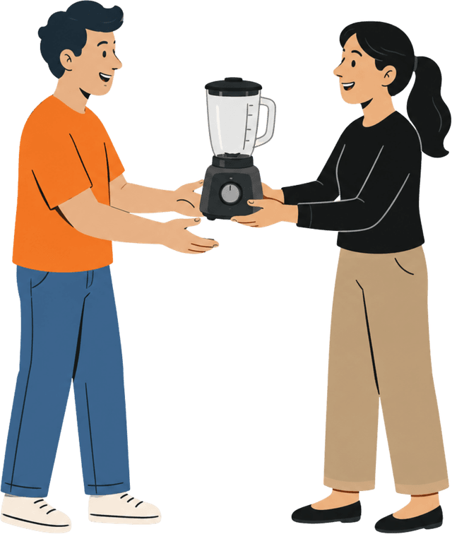 Two neighbours handing over a blender